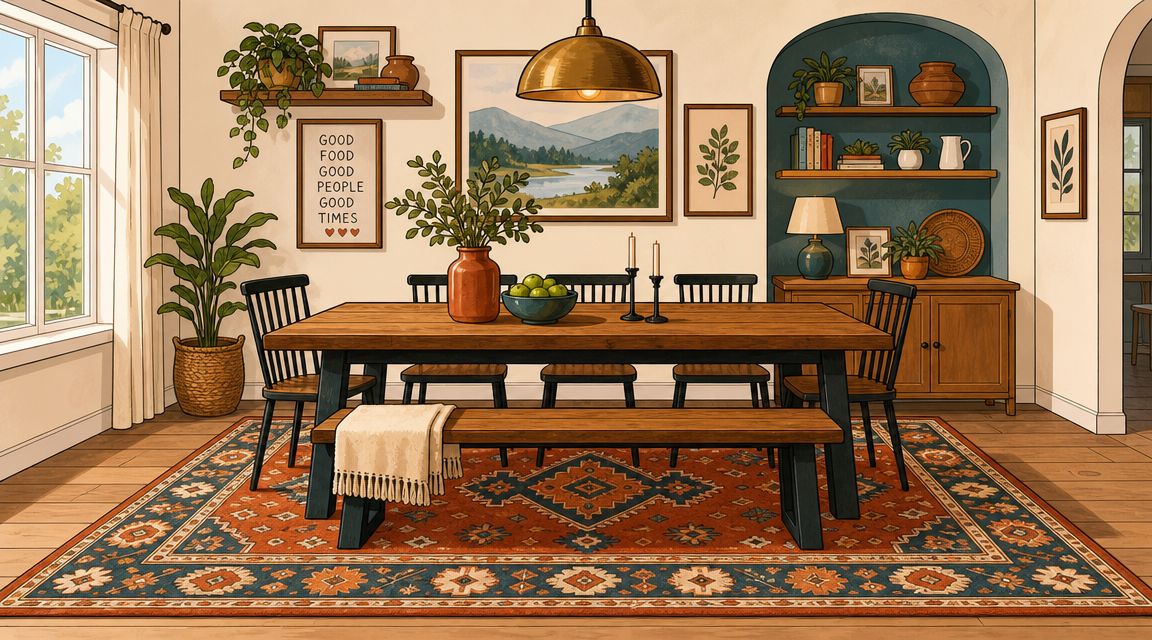 A cozy dining room featuring a wooden table with chairs, a bench, and a colorful patterned rug.