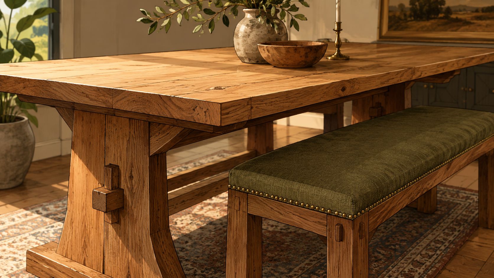 A rustic wooden dining table with a green upholstered bench in a sunlit home interior setting.