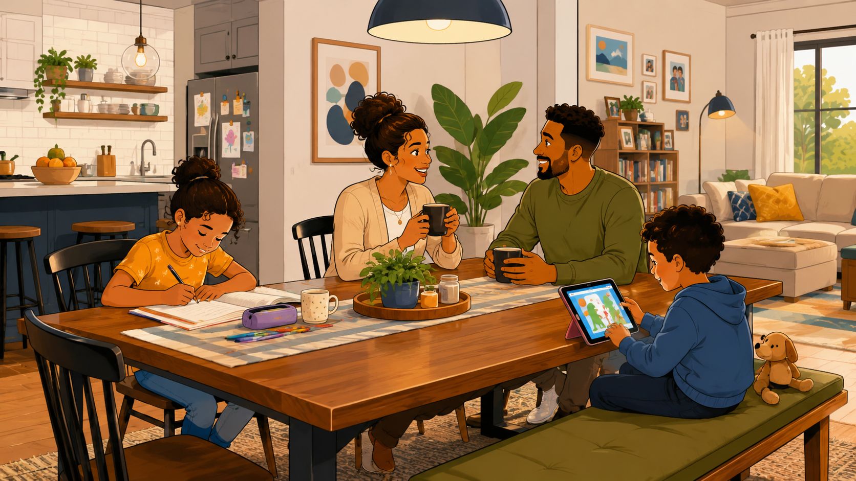 A happy diverse family enjoying breakfast time together at a wooden dining table in a cozy home.
