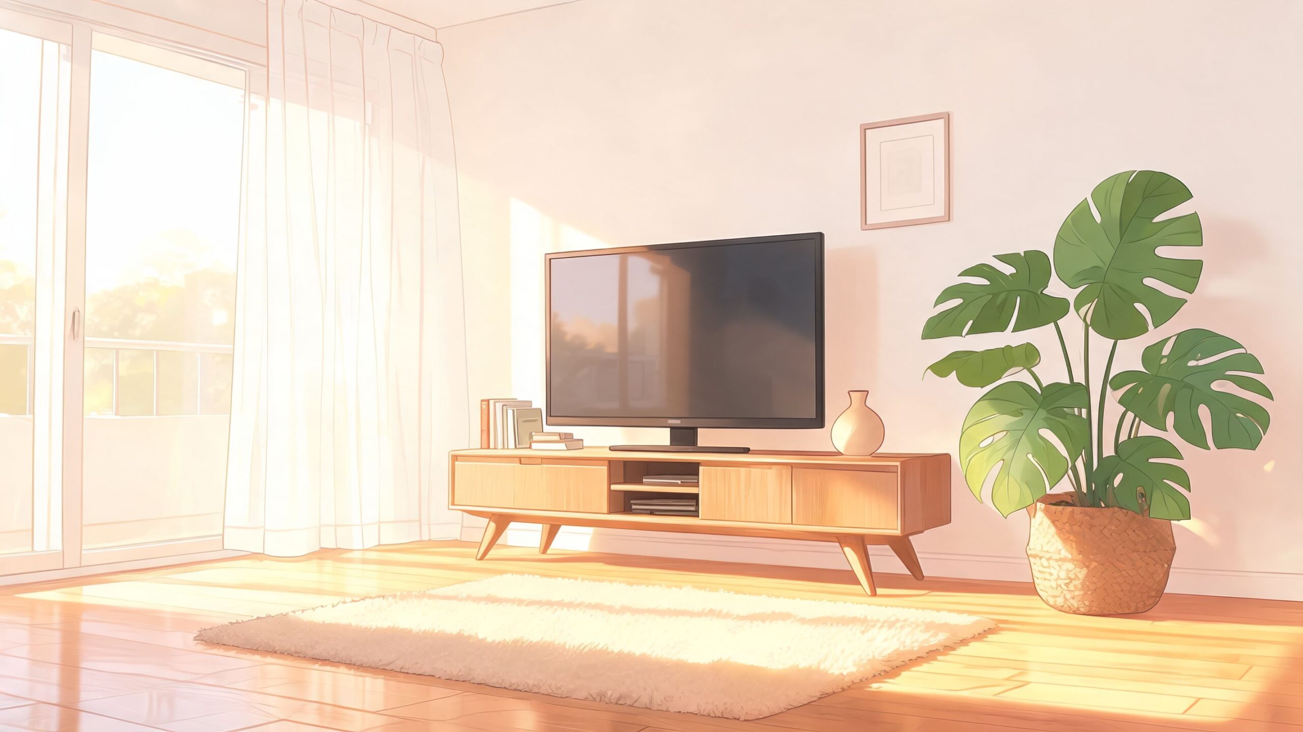 A modern living room featuring a flat screen television on a wooden console stand with a plant.