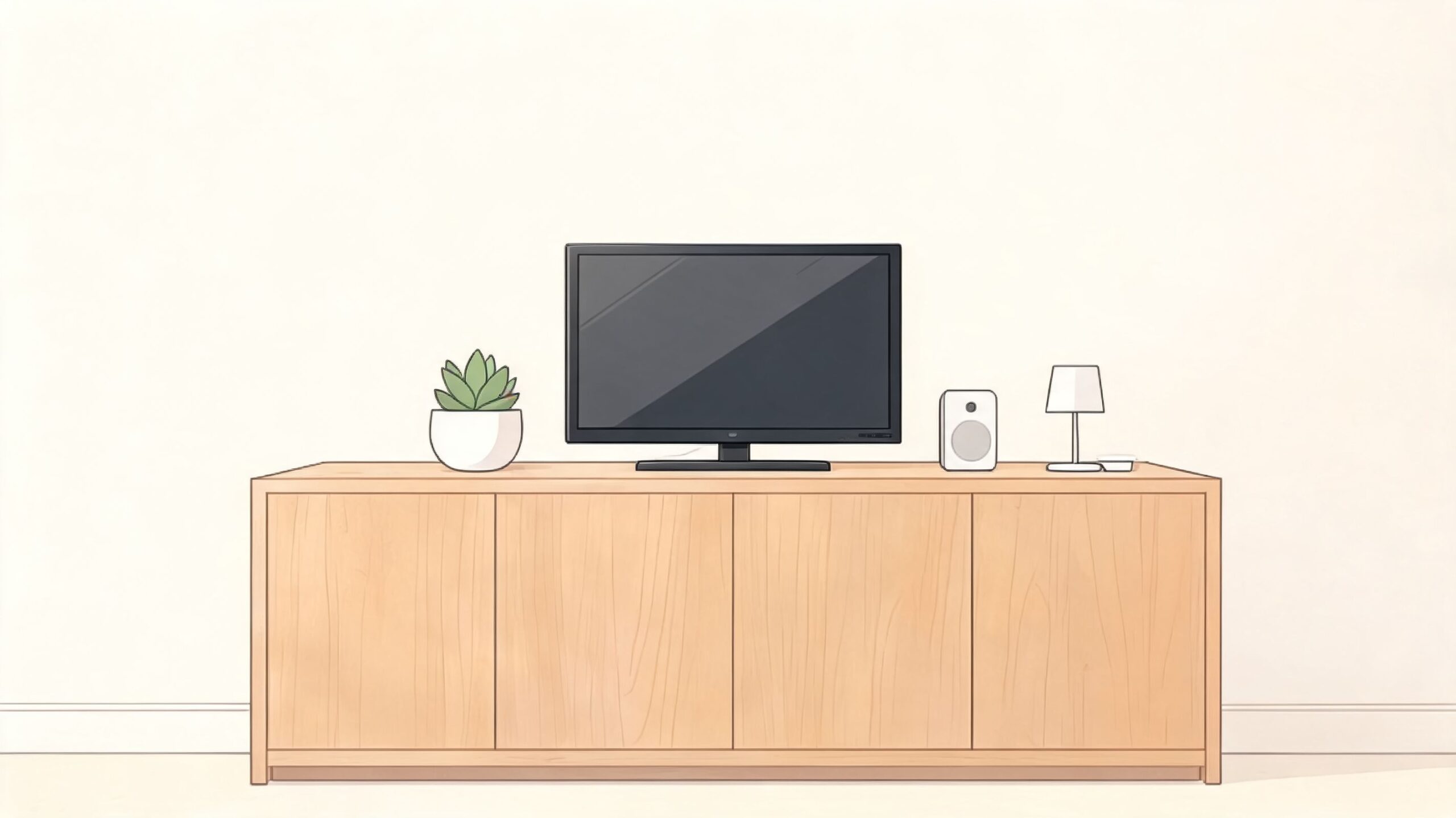 A modern light wood TV console with a television, a small potted succulent, a speaker, and a lamp.