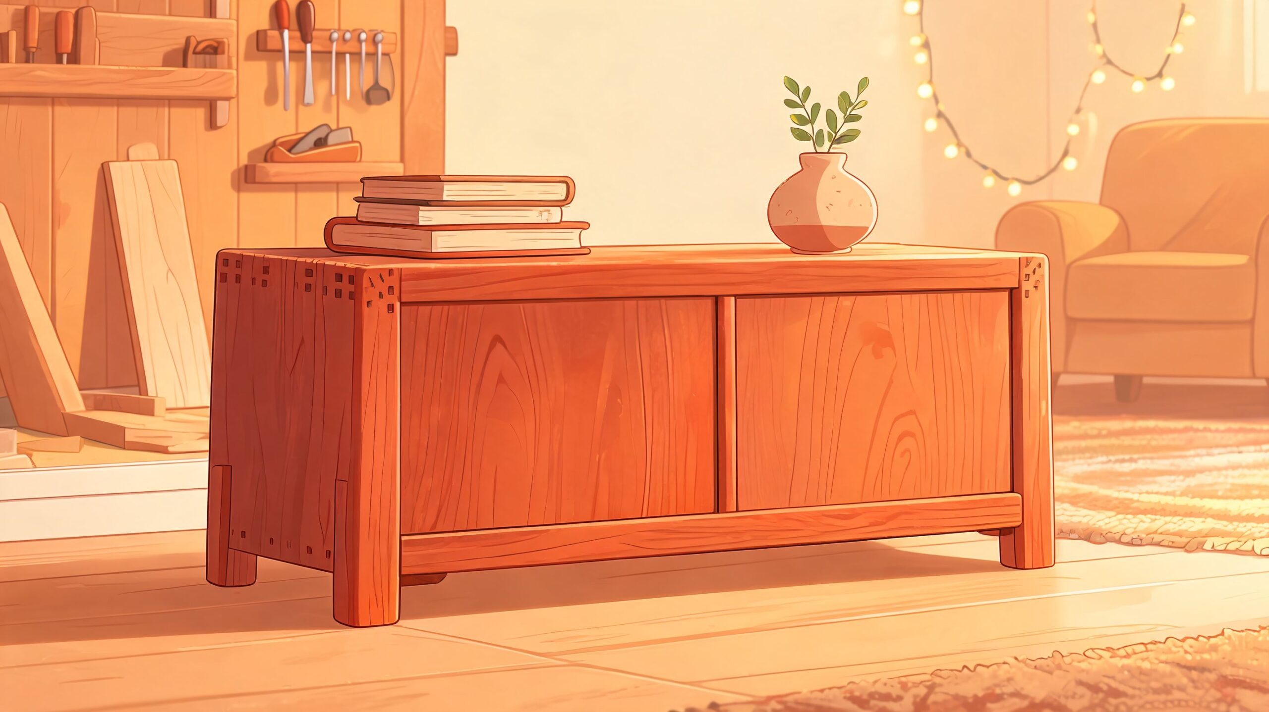 A wooden TV console stand sitting in a cozy, sunlit workshop with books and a vase.