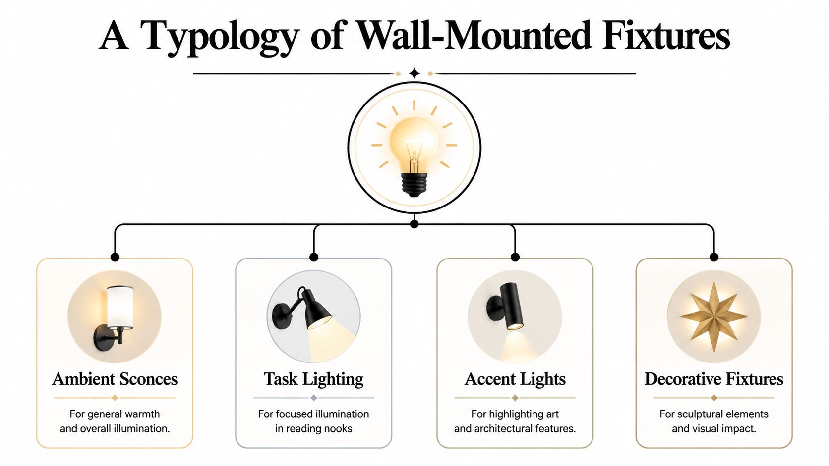 A diagram categorized into four types of wall-mounted lighting fixtures: Ambient Sconces, Task Lighting, Accent Lights, and Decorative Fixtures.