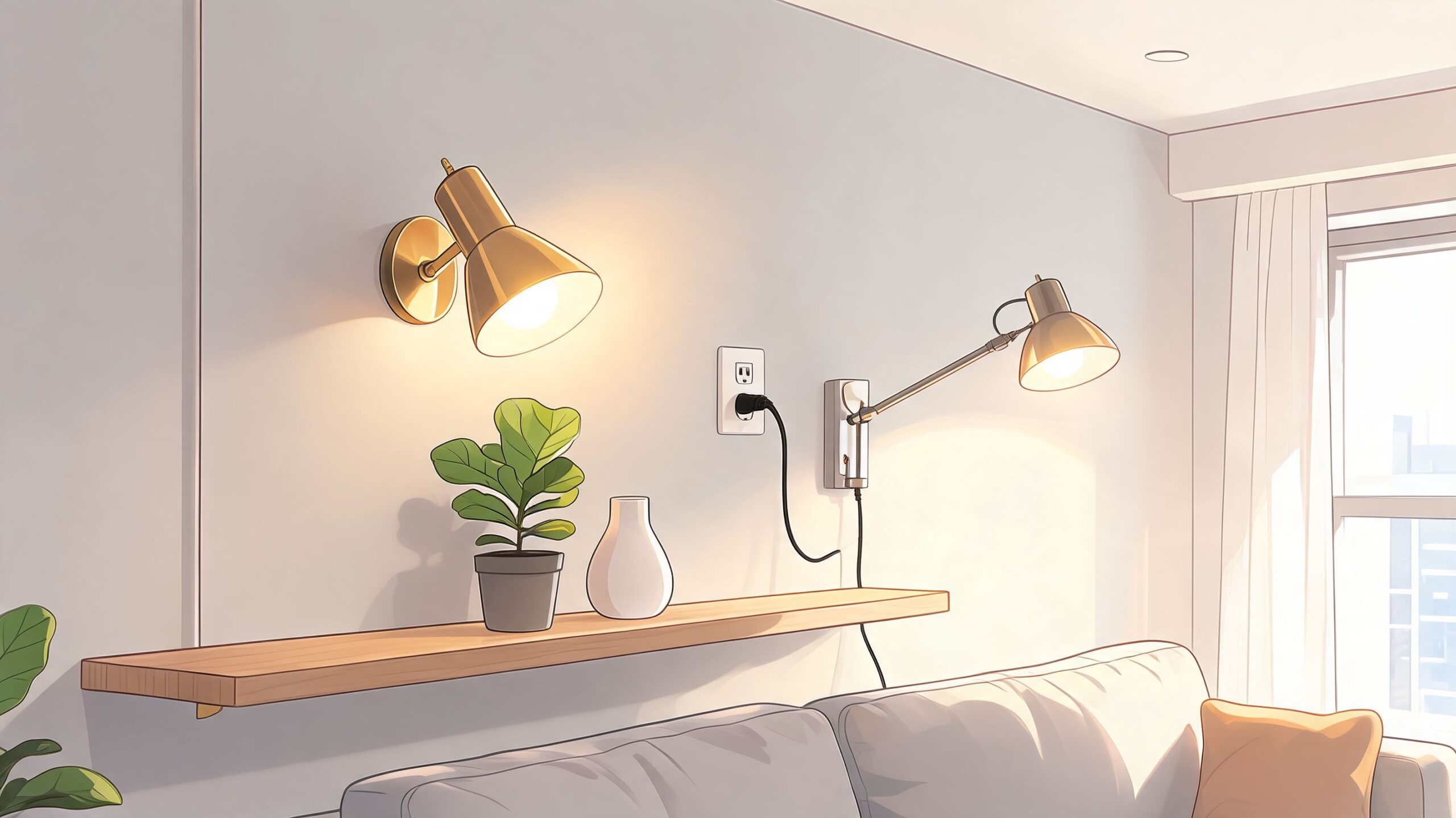 A modern minimalist living room featuring wall mount lighting fixtures, a wooden shelf, and a cozy sofa.