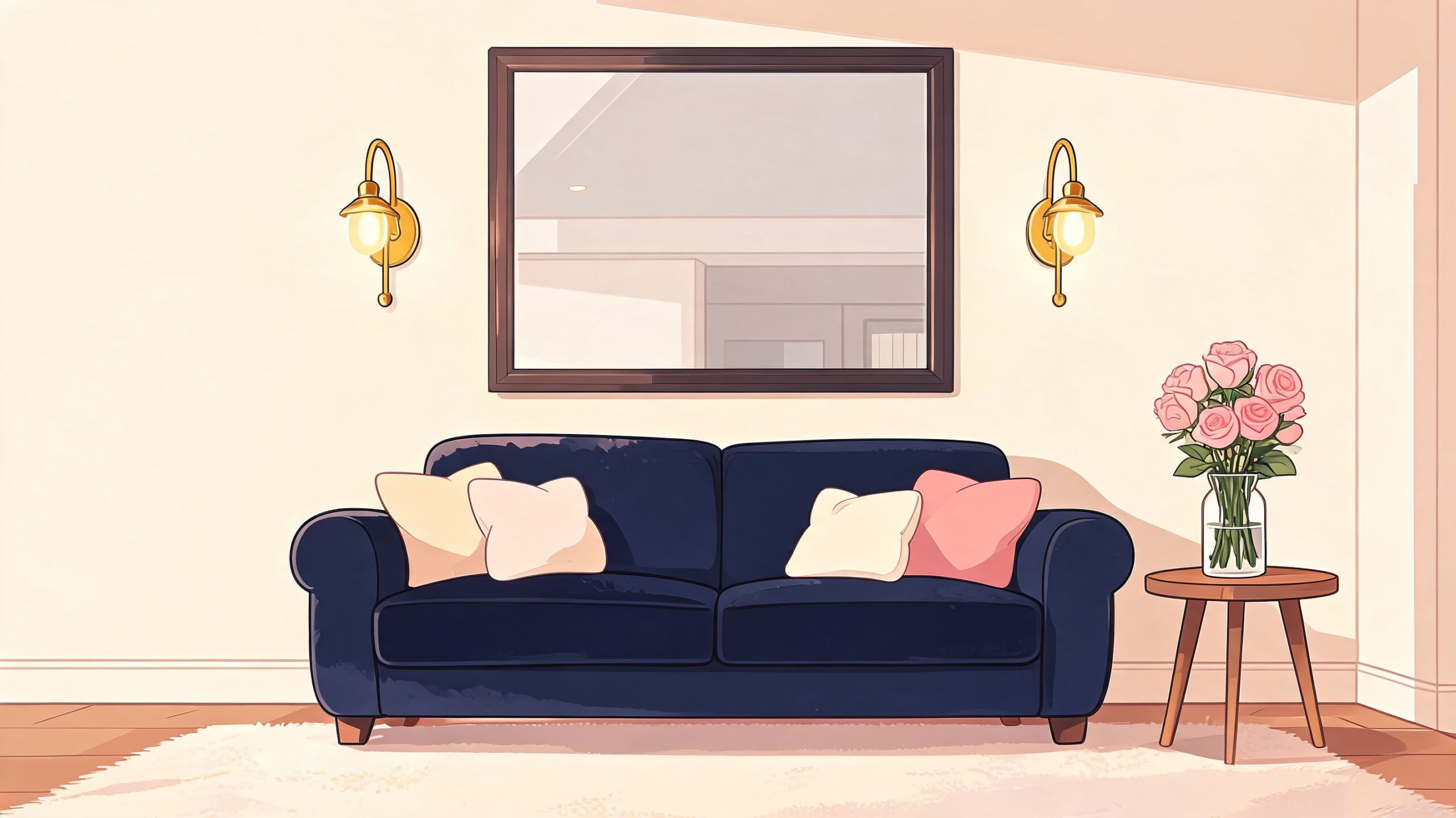 A cozy living room featuring a navy blue sofa with pillows, wall mount lighting fixtures, and flowers.