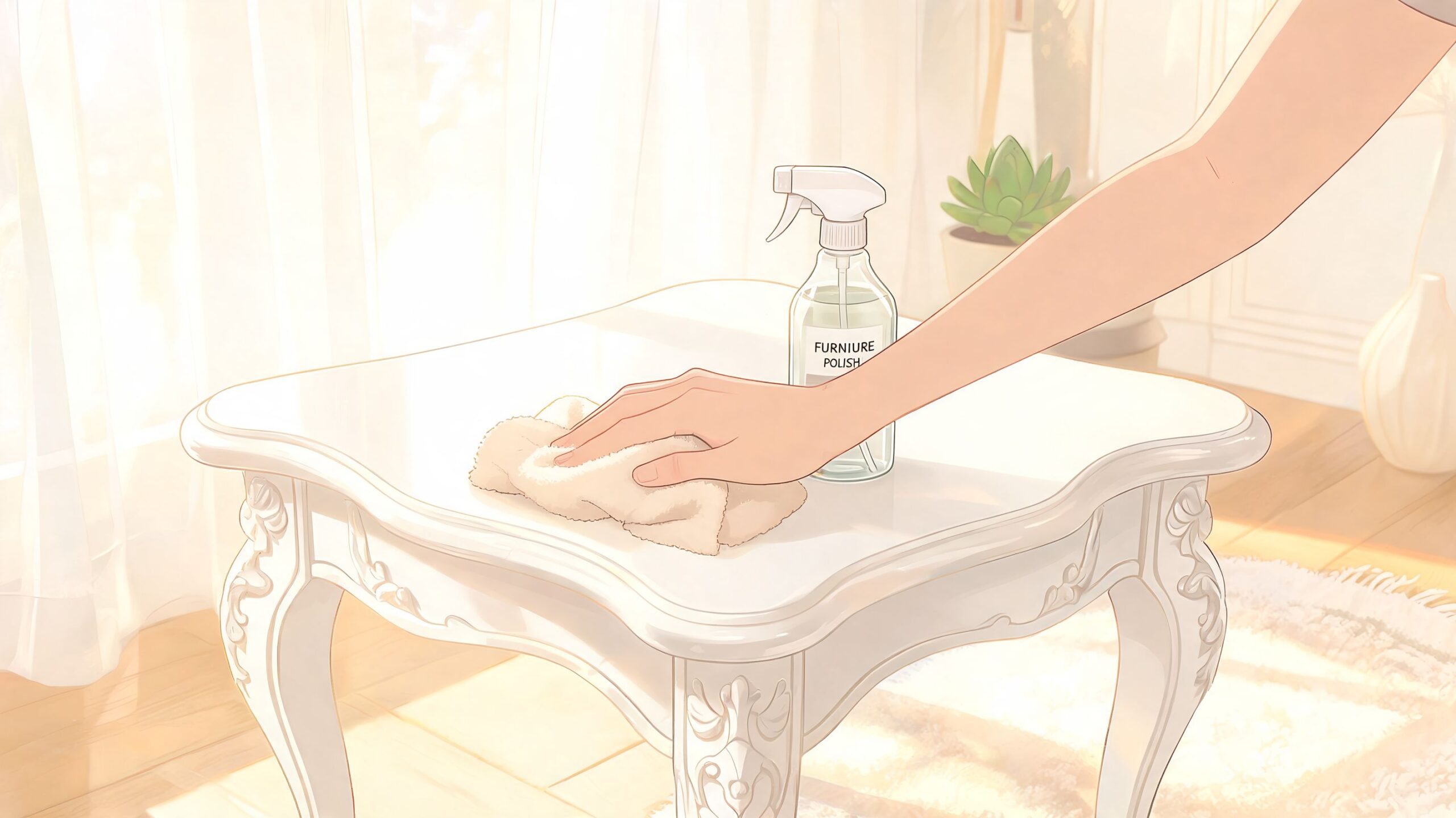 A person cleaning a polished white wooden side table with a cloth and bottle of furniture polish.