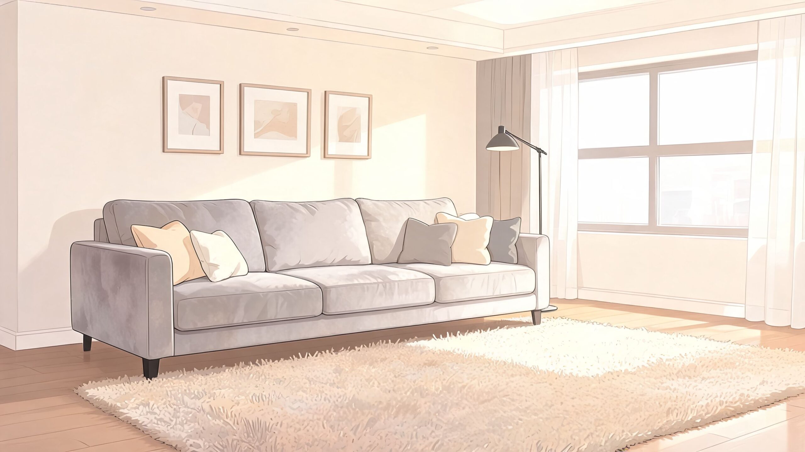 A minimalist living room with a comfortable gray sofa, neutral cushions, and a plush rug by a window.