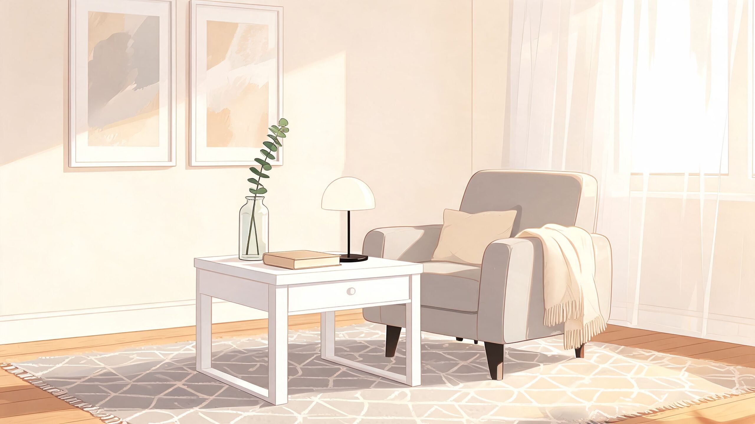 A cozy reading nook featuring an armchair, a white side table with a lamp, and wall art.