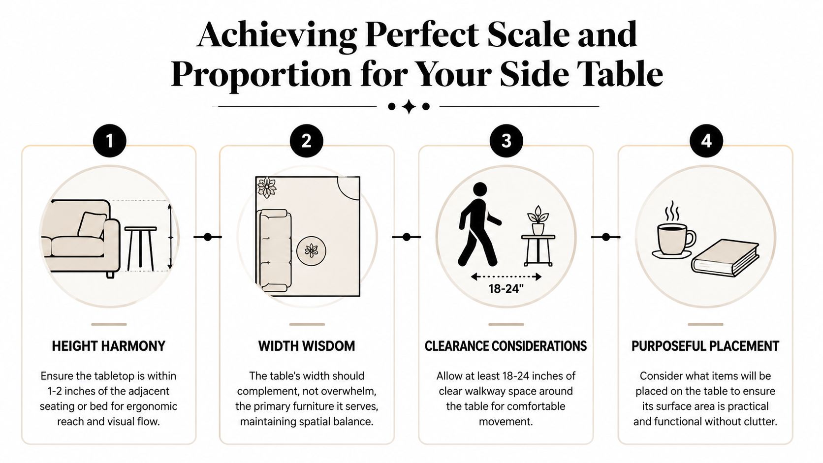An infographic showing four essential tips for achieving perfect scale and proportion when choosing a side table.