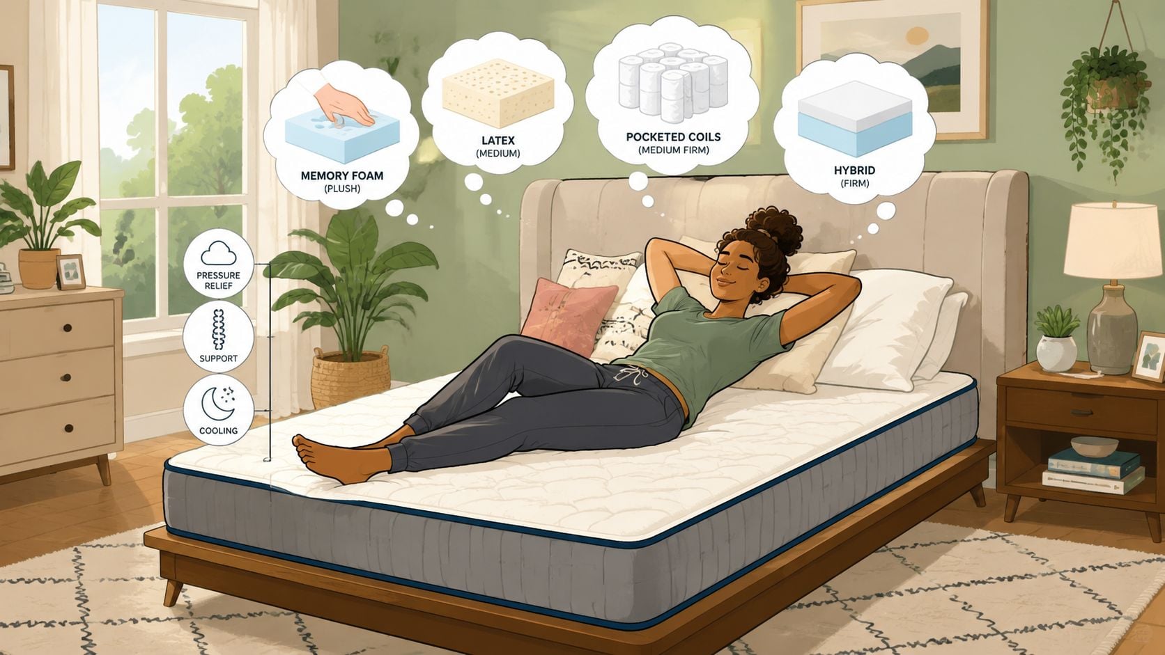A woman relaxing on a mattress surrounded by icons showing different material types and sleep benefits.