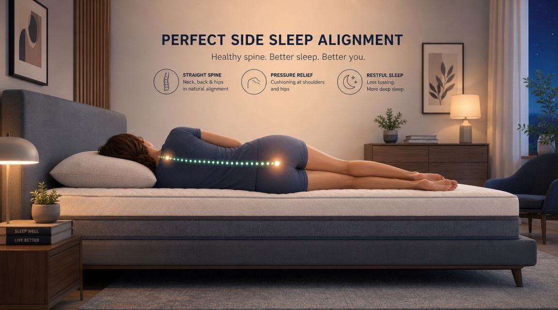 A person sleeping on their side on a mattress illustrating perfect spinal alignment for better sleep.