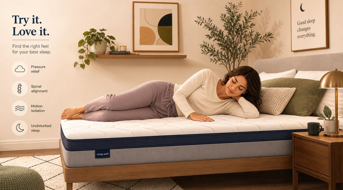 A woman comfortably sleeping on a premium mattress in a cozy, well-lit bedroom setting with modern decor.