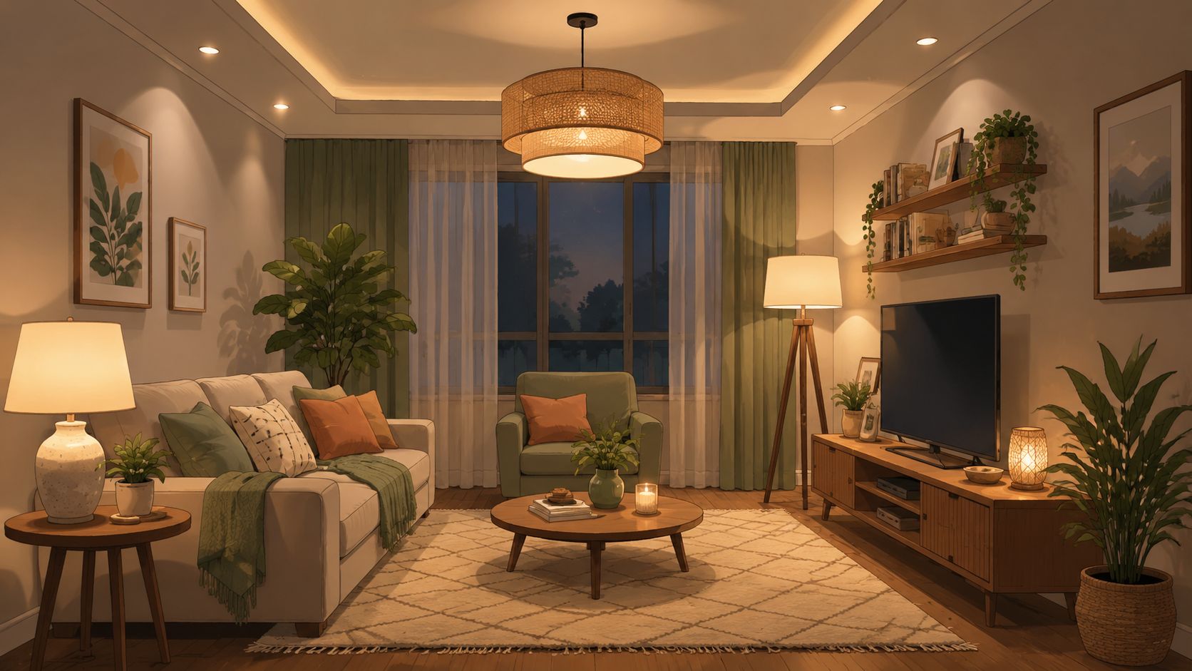 A cozy living room interior featuring warm ambient lighting, green accents, and a stylish ceiling pendant light.