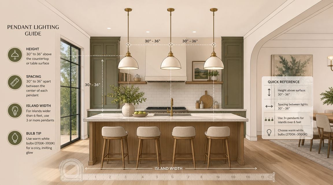 An illustration providing a guide for the height, spacing, and bulb selection for kitchen pendant lights.