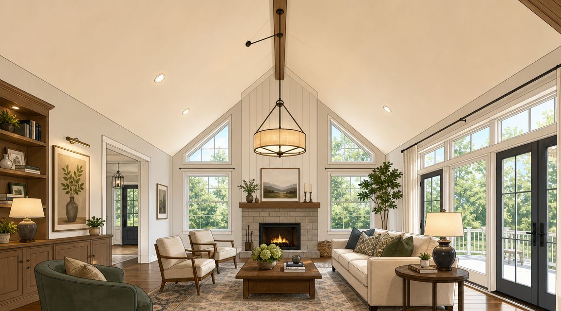 A modern farmhouse living room features high vaulted ceilings, a central pendant light, and a stone fireplace.
