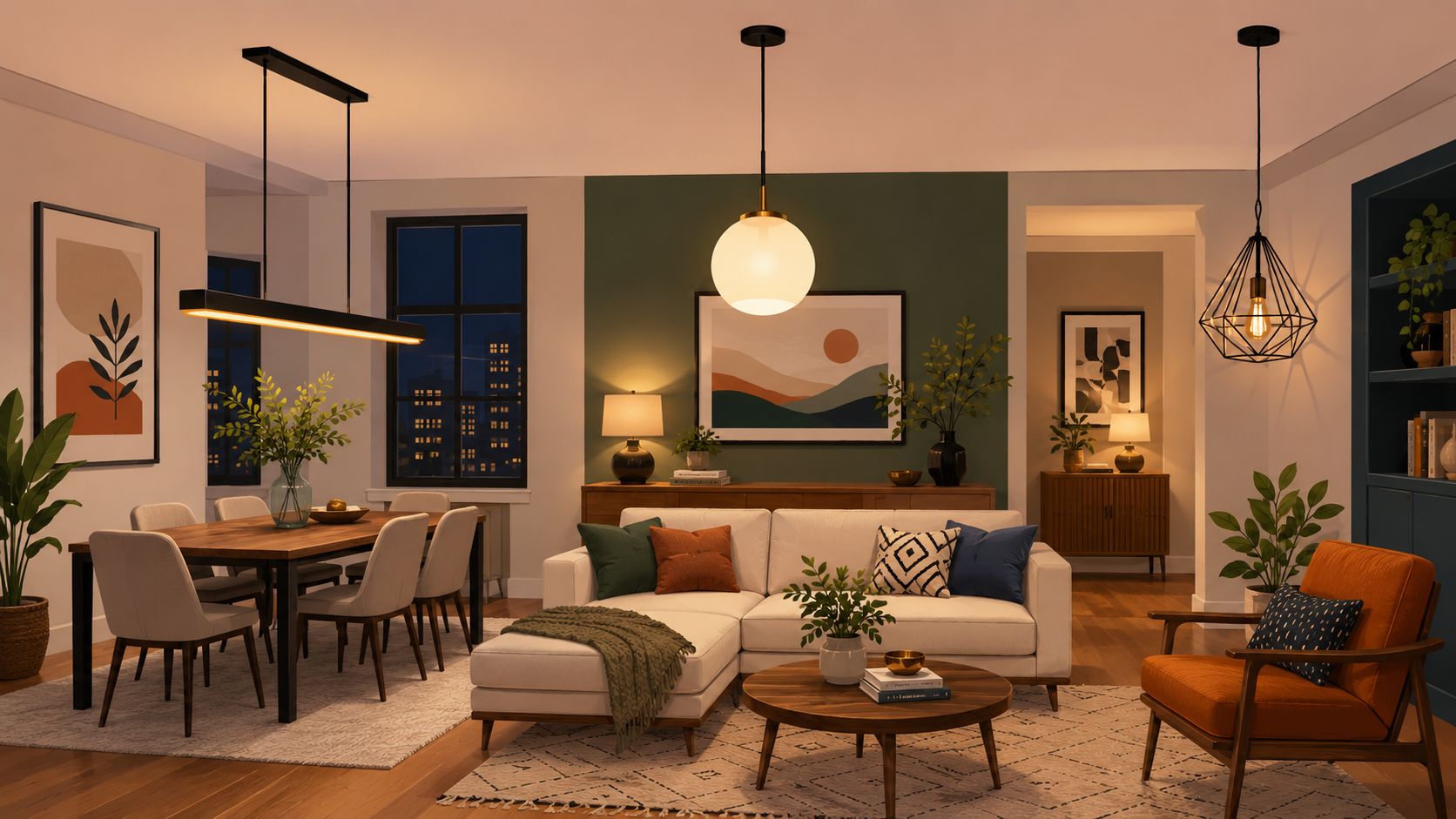 A modern open plan living and dining room featuring stylish ceiling pendant lights and warm ambient lighting.