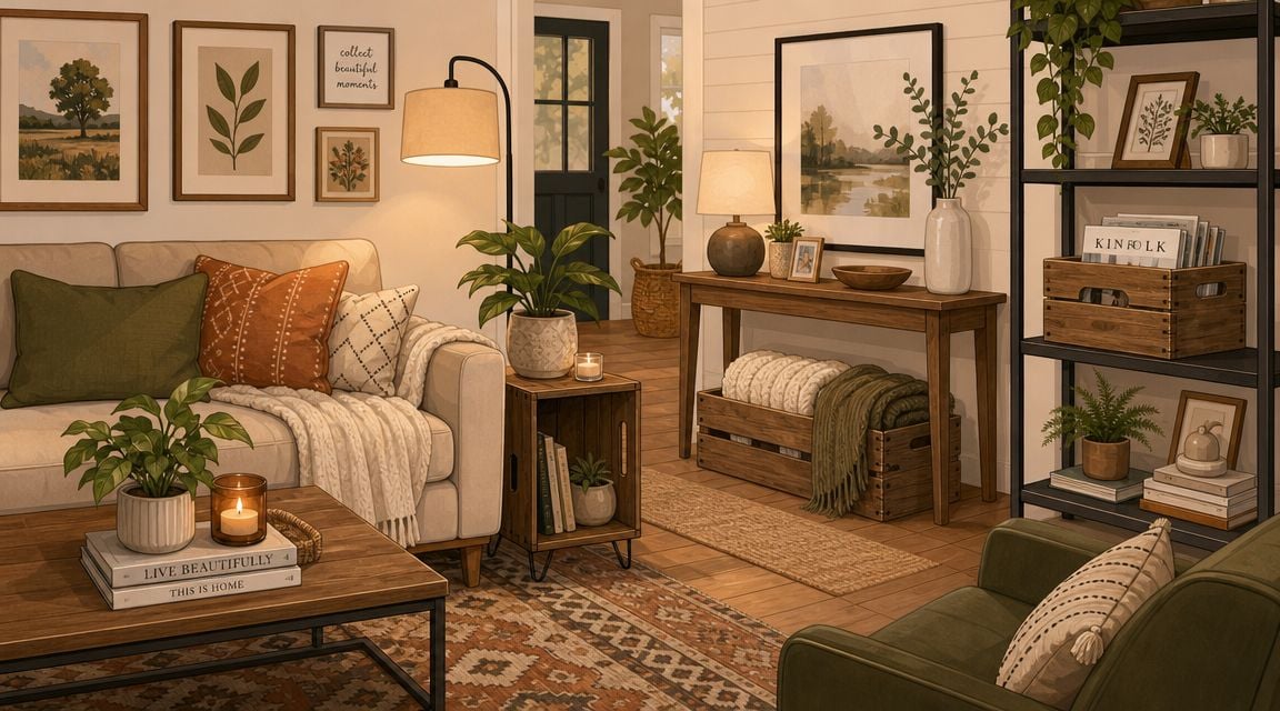 A cozy, warm-toned living room featuring wooden storage crates, comfortable seating, house plants, and rustic decor elements.