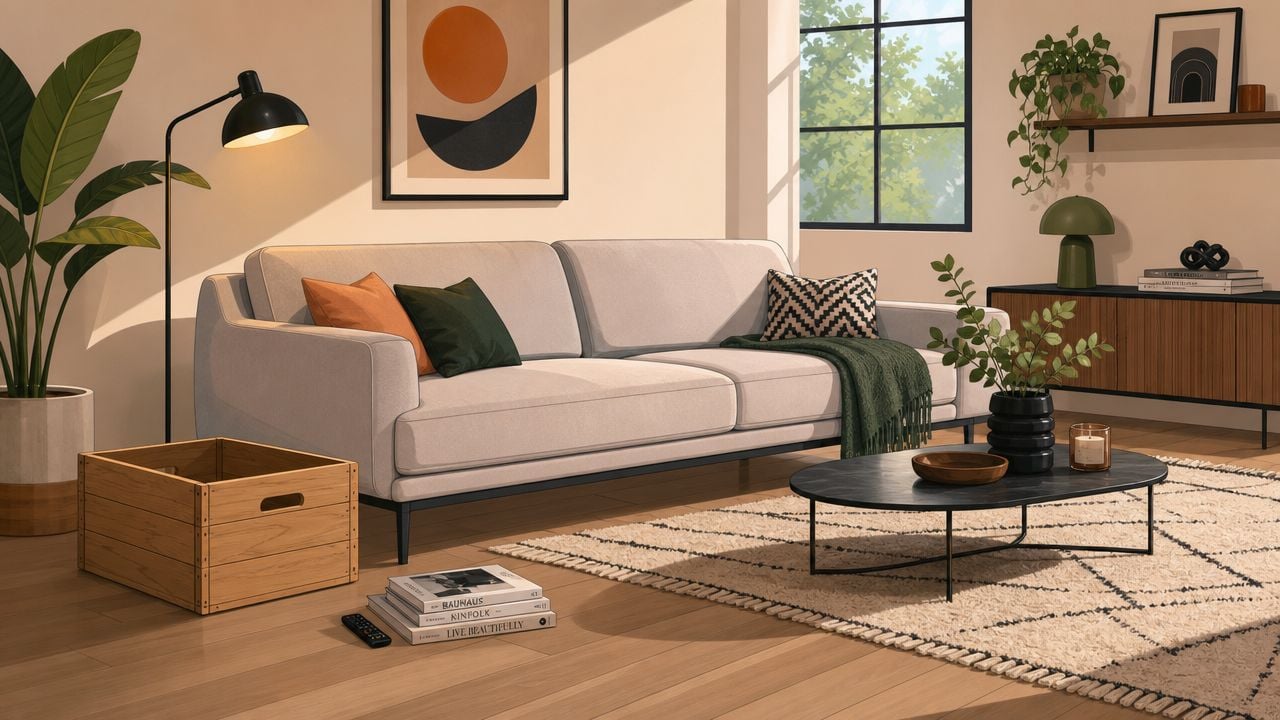 A modern, sunlit living room featuring a cozy sofa, wooden storage crates, and stylish minimalist home decor.