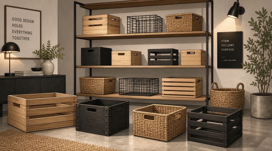 A modern room showcasing various wooden crates, wire baskets, and woven bins organized on a tall shelf.
