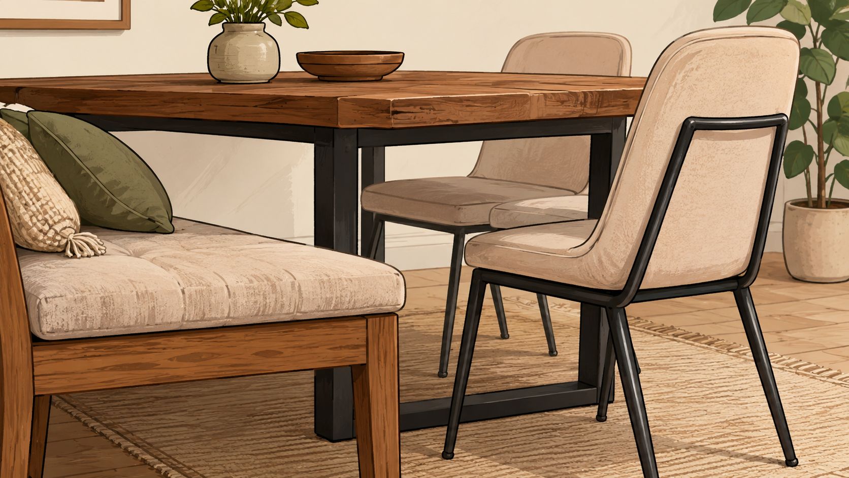 A stylish dining area featuring a wooden table, a cushioned bench, and two upholstered modern chairs.