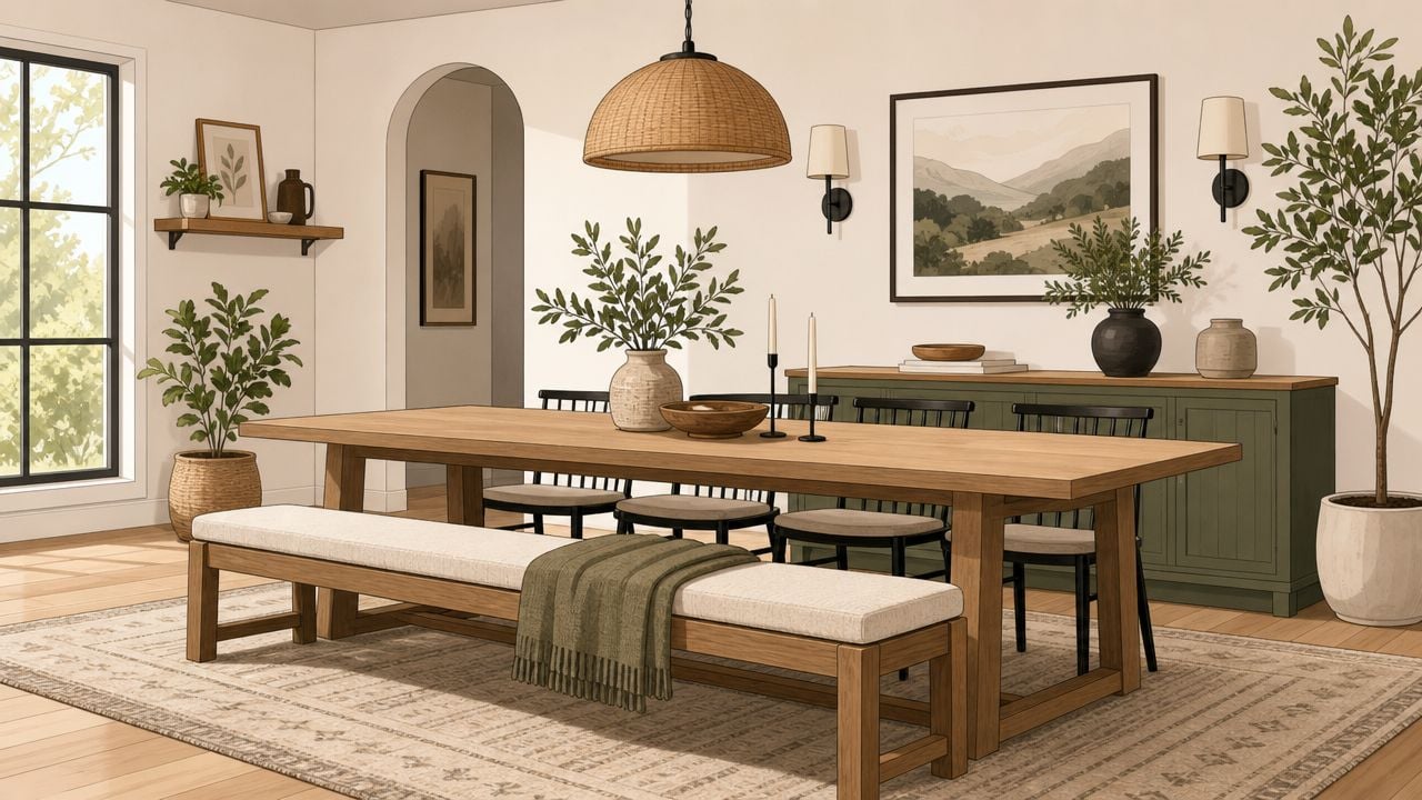 A warm, neutral dining room featuring a wooden table, bench seating, and black spindle dining chairs.