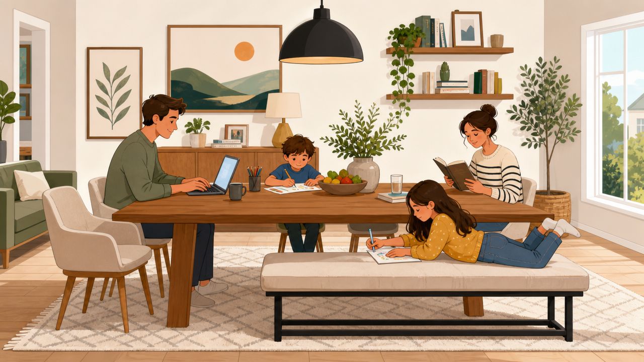 A happy family engaged in various quiet activities around a large wooden dining table in a cozy home.