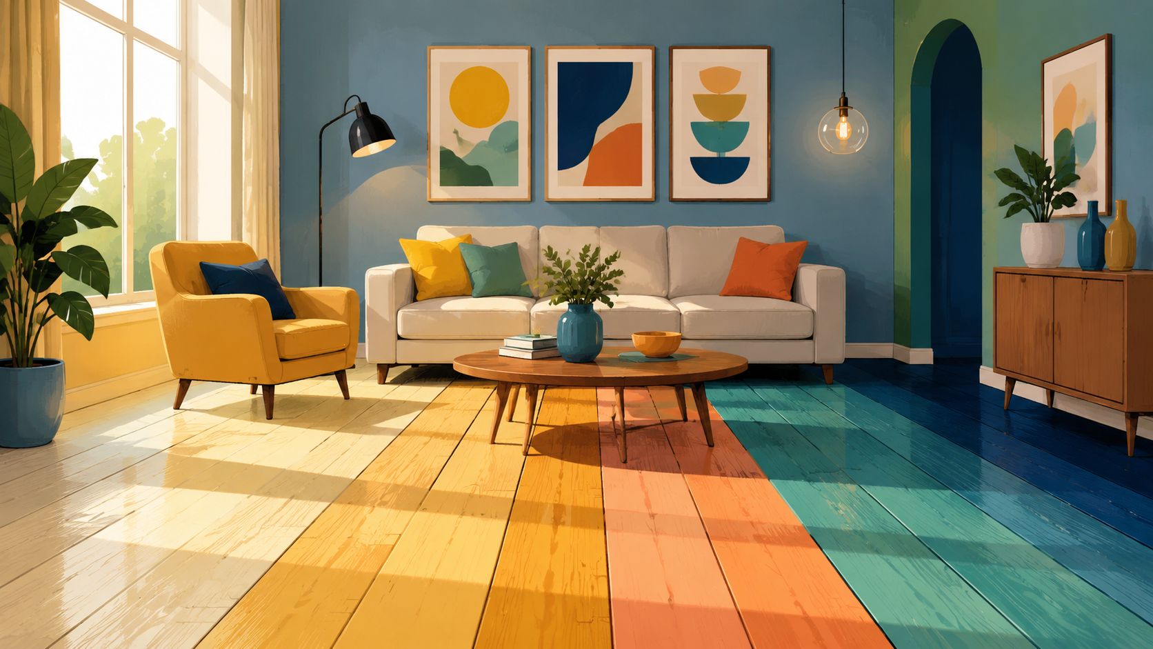 A colorful modern living room featuring a white sofa, a yellow armchair, and rainbow-colored wooden flooring.