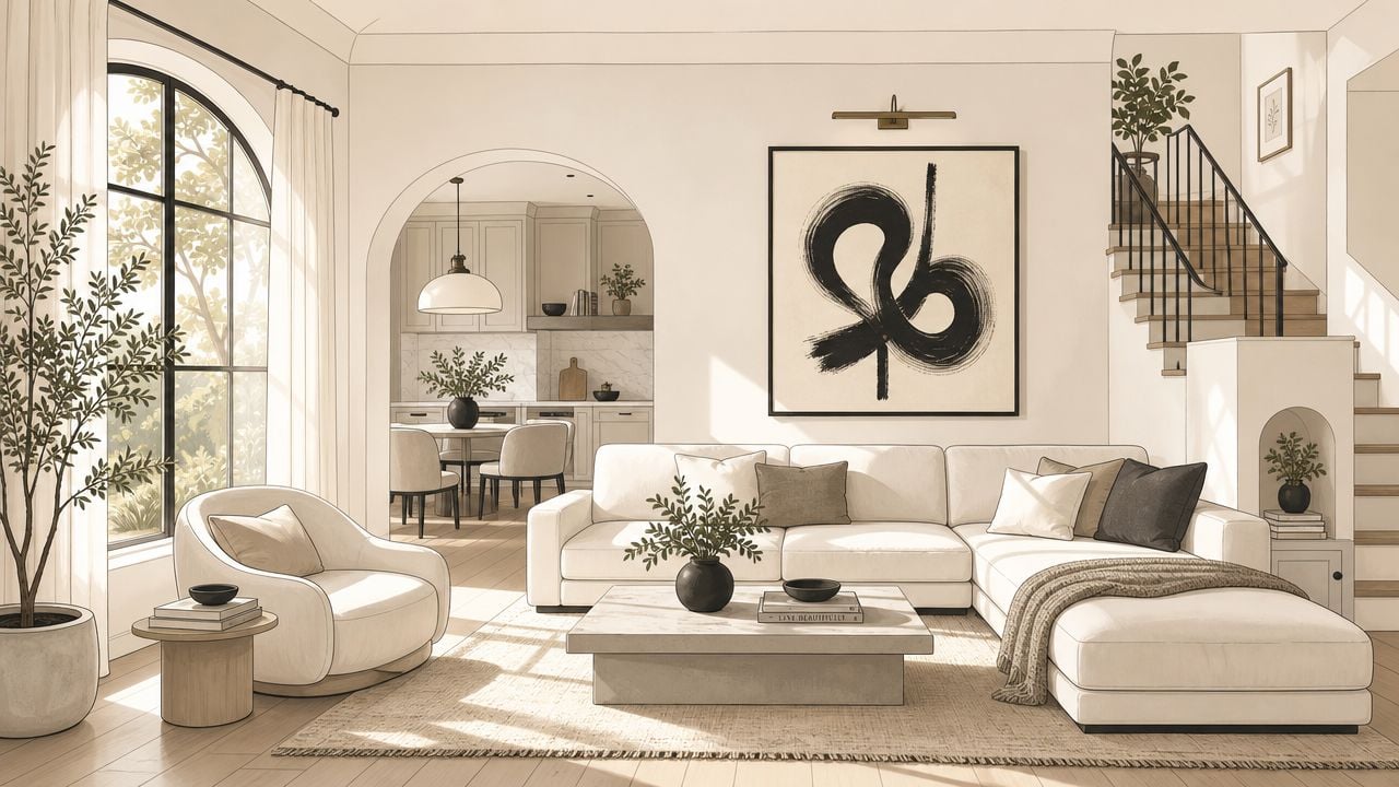 A light and airy living room with a neutral sofa, arched entryway, and minimalist interior decor.