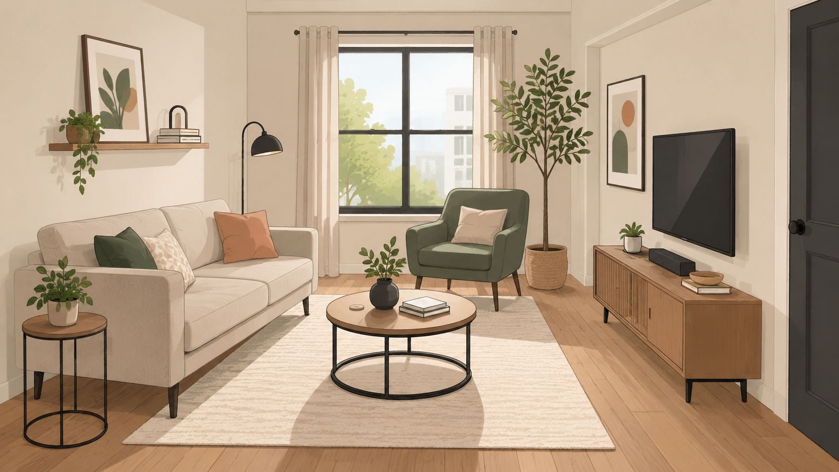 A cozy, minimalist modern living room with neutral colors, indoor plants, and wooden furniture accents.