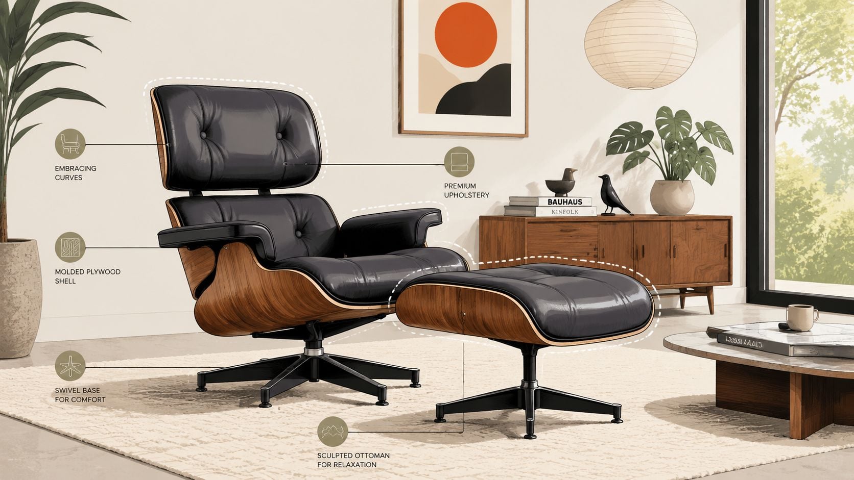 A luxurious black leather Eames style lounge chair with a matching ottoman in a modern living room.