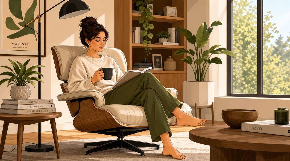 A woman reading a book and drinking coffee while sitting in a comfortable mid-century lounge chair.