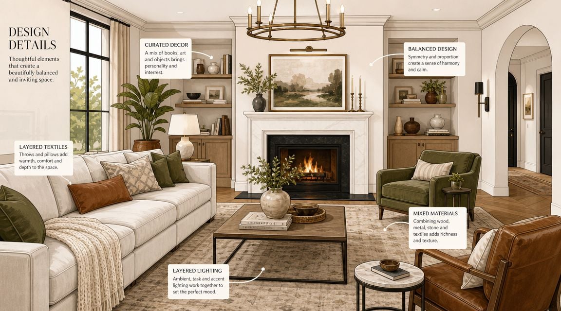 A cozy, well-lit living room showcasing transitional style furniture, a fireplace, and curated decor elements.