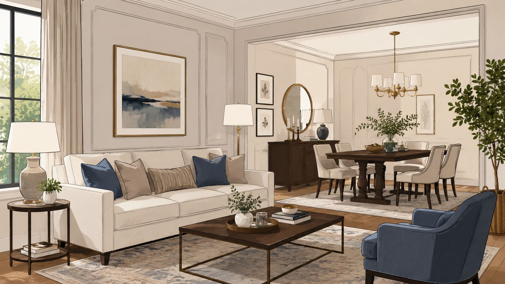 A sophisticated open-plan living and dining area featuring transitional style furniture in a neutral and blue palette.