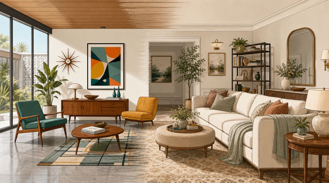 A modern living room interior blending mid-century modern furniture on the left with classic transitional design elements.