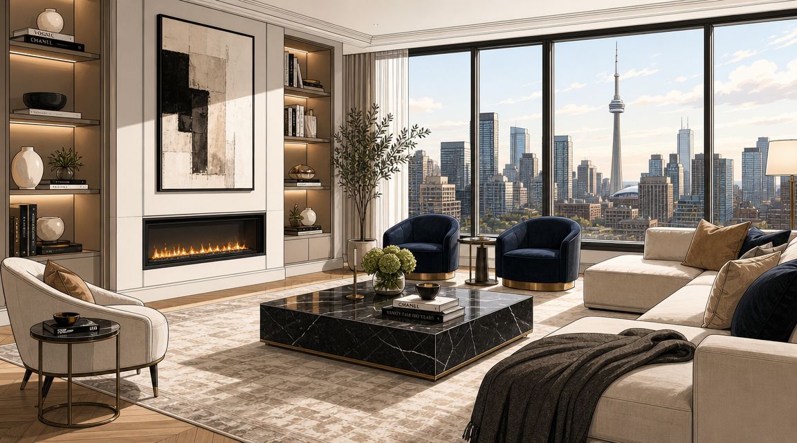 A sophisticated transitional living room with modern furniture, a marble coffee table, and a scenic cityscape view.