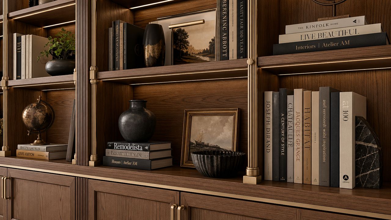 A sophisticated wooden wall unit featuring built-in display shelves filled with books, decorative vases, and framed art.