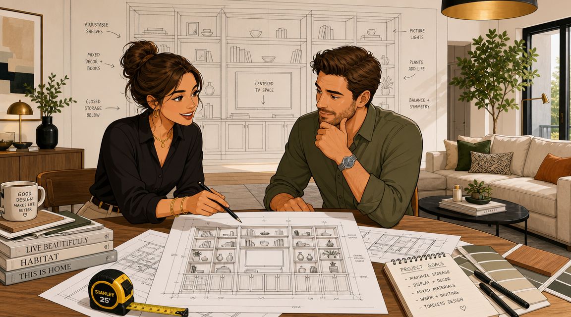 A couple collaborating on a home interior design plan featuring wall to wall shelving units and blueprints.