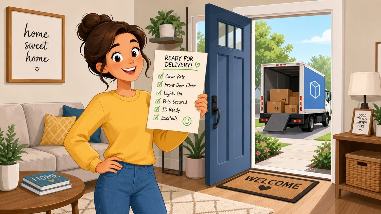 A woman holding a delivery preparation checklist with a delivery truck parked outside her open front door.