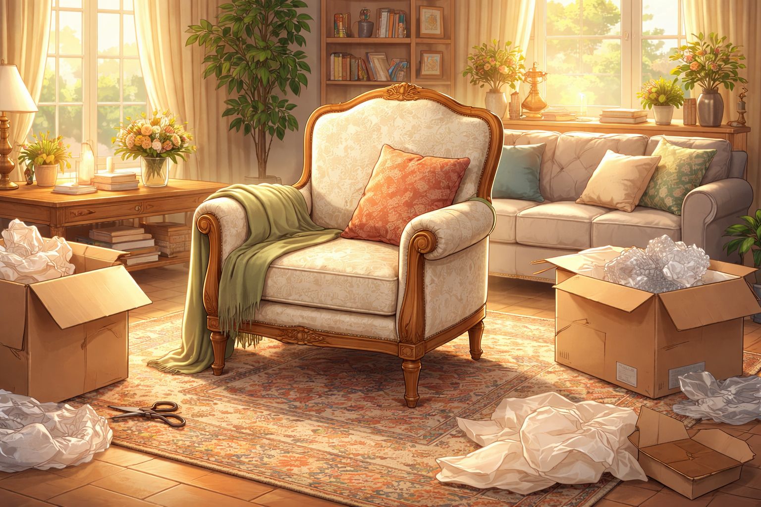 A comfortable armchair in a bright living room surrounded by cardboard boxes during a home move-in process.