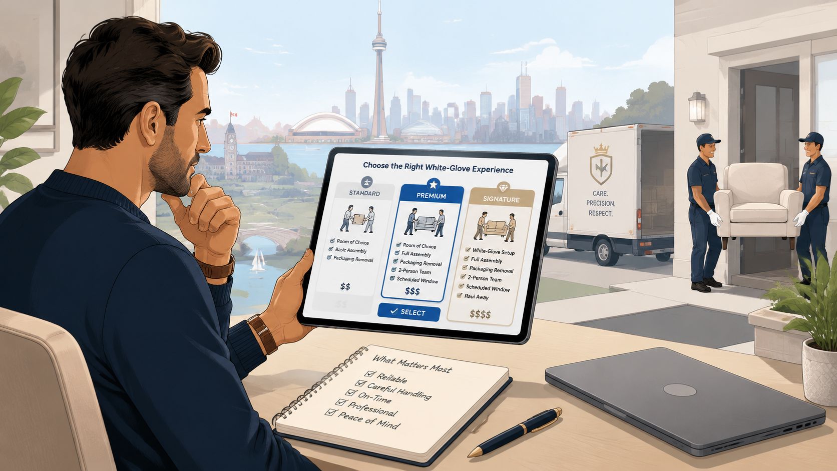 A man reviewing white-glove delivery options on a tablet while considering his personal moving service preferences.