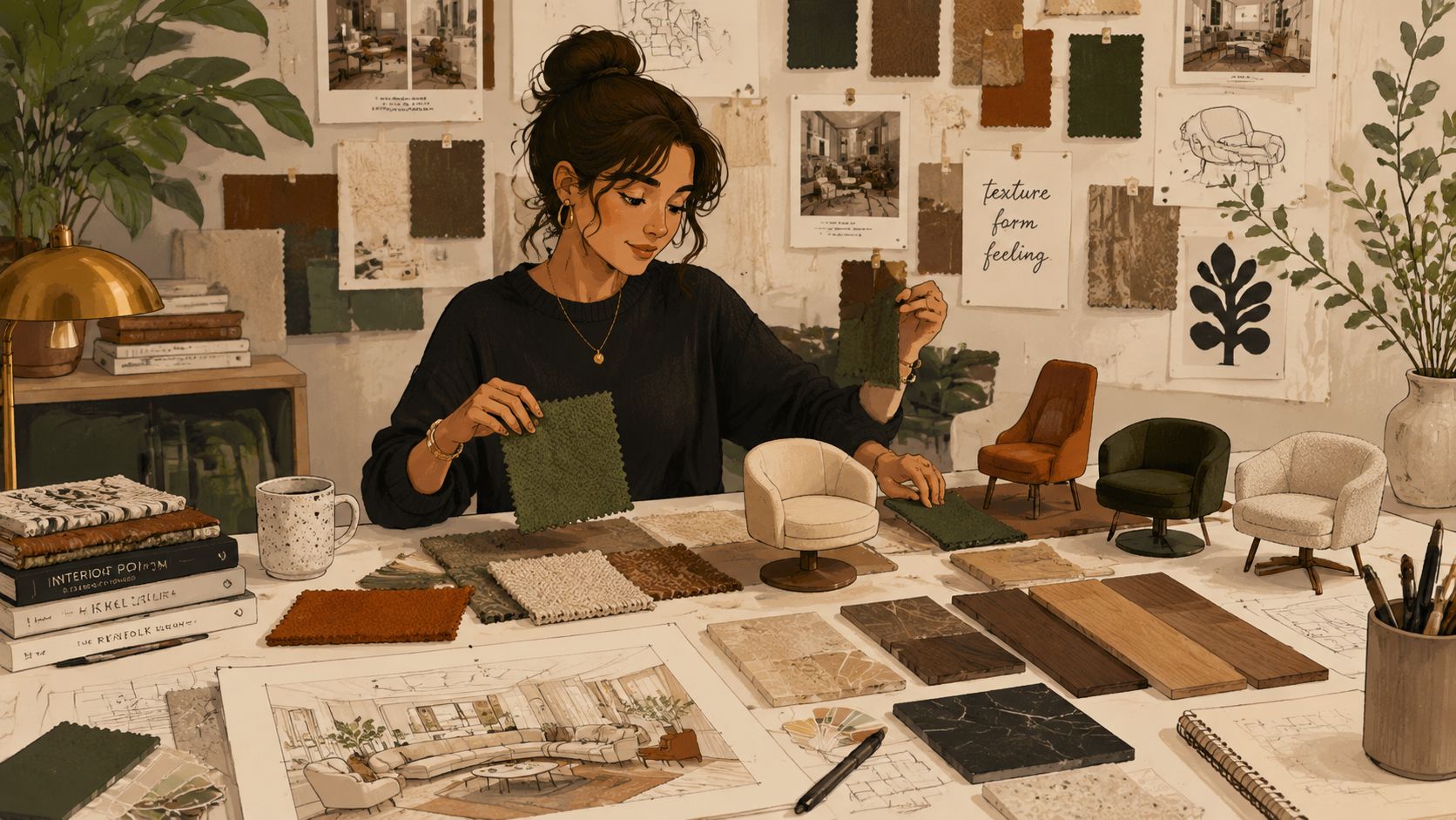 An interior designer working at a desk with fabric swatches, model chairs, and design floor plans.