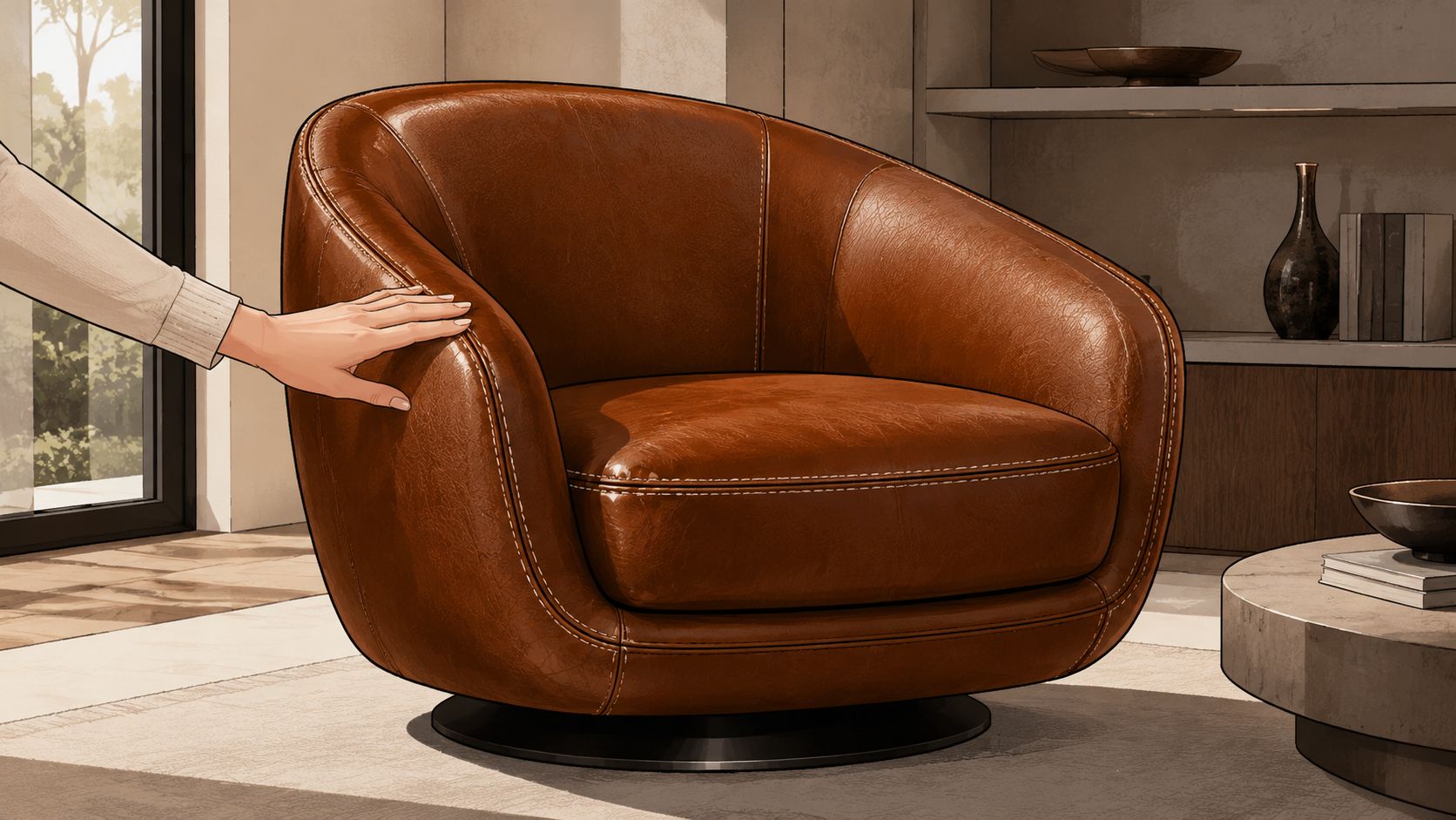 A hand rests on a luxurious brown leather swivel chair set in a contemporary living room.