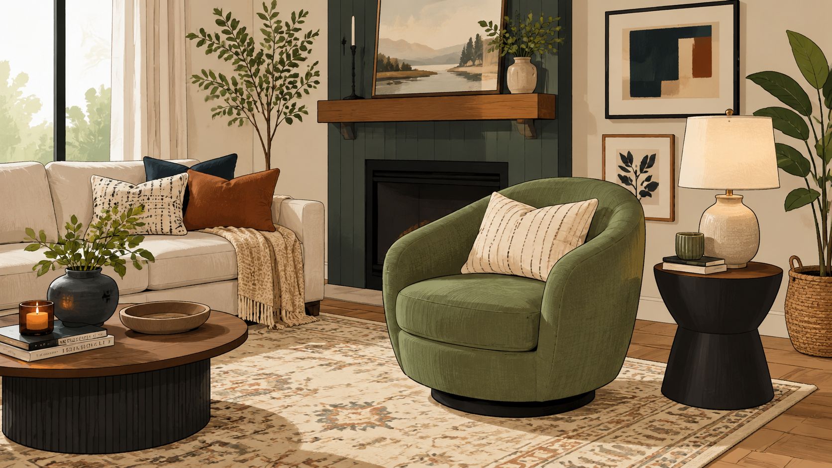 A cozy living room interior featuring a green swivel accent chair, a wooden coffee table, and fireplace.