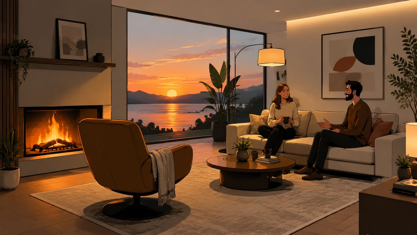 A modern living room featuring a stylish swivel accent chair facing a cozy fireplace and sunset view.