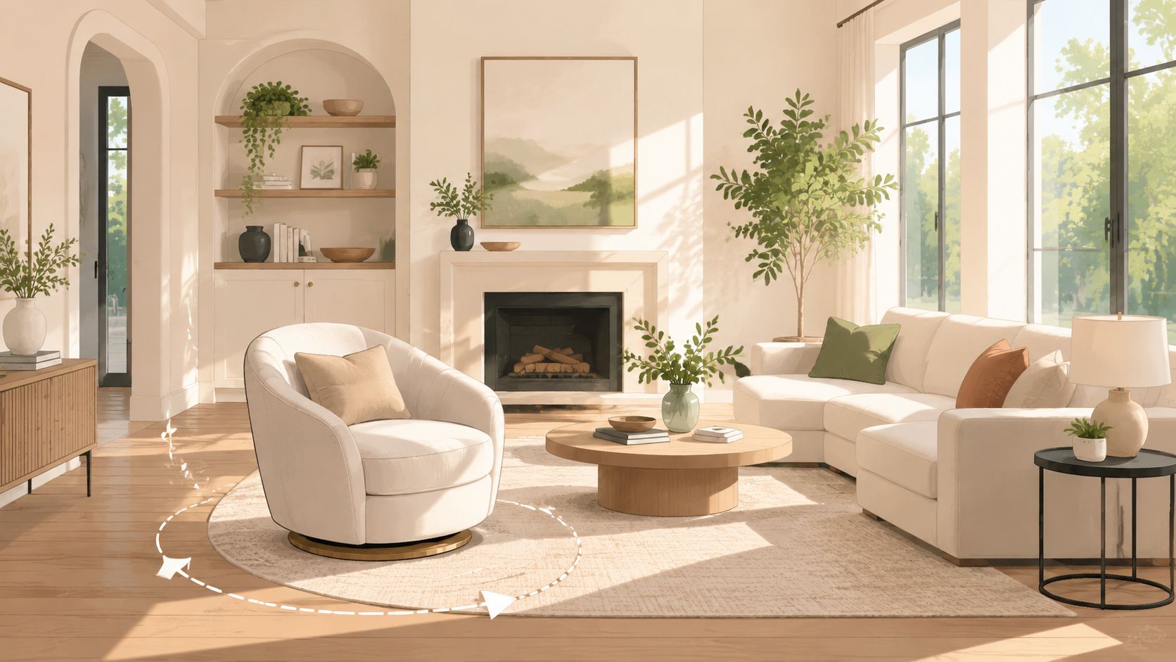 A cozy, sunlit living room featuring a comfortable white swivel accent chair next to a coffee table.