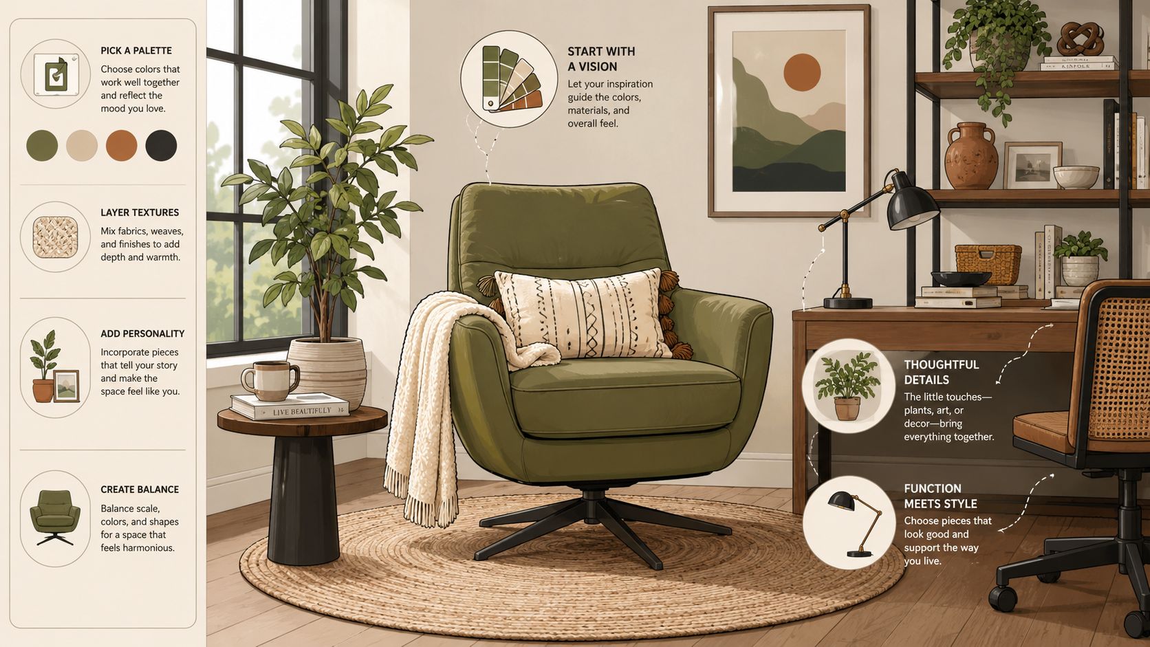 A stylish cozy living room corner featuring a green swivel accent chair and home decor styling tips.