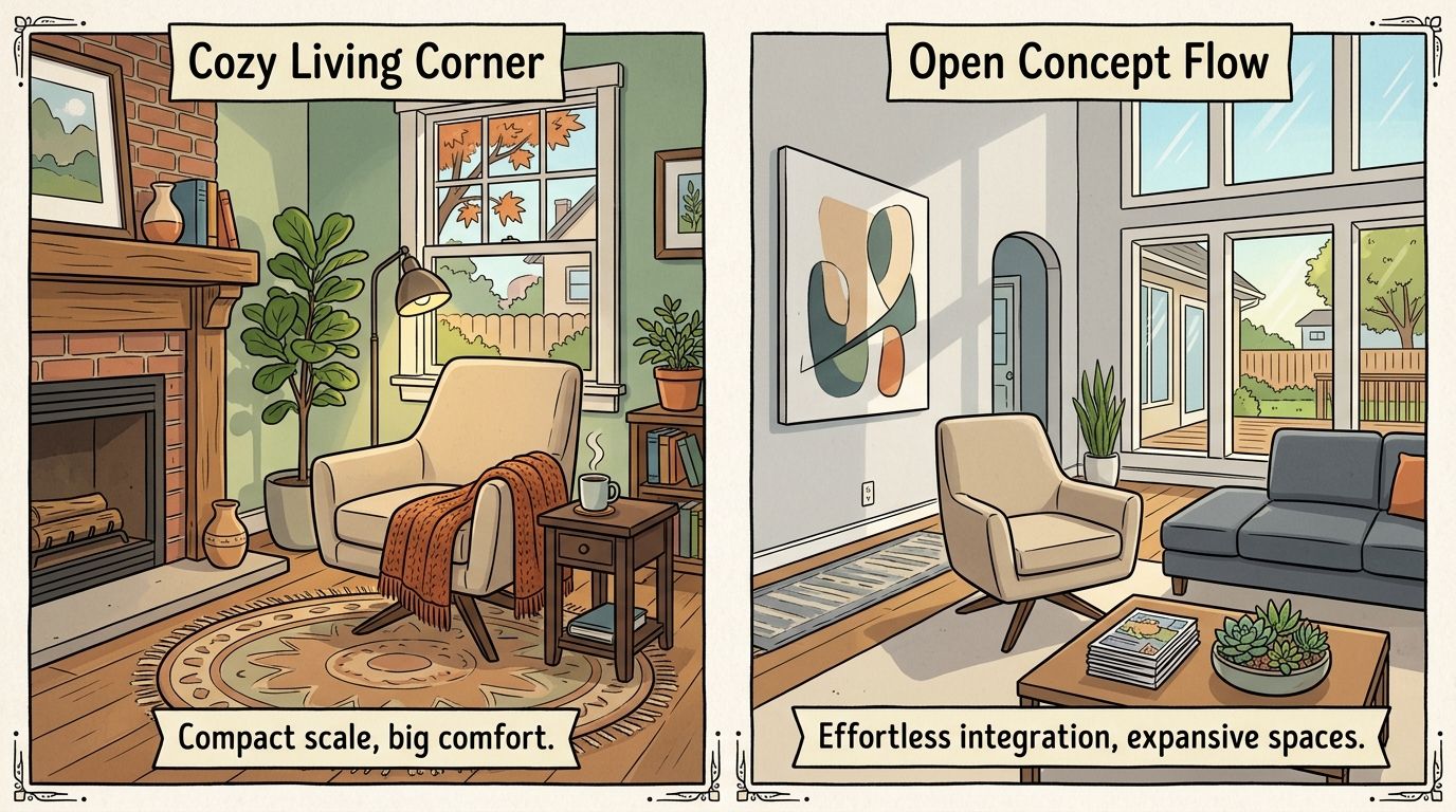 A side-by-side comparison illustrating a cozy living corner with a swivel chair versus an open concept living room.
