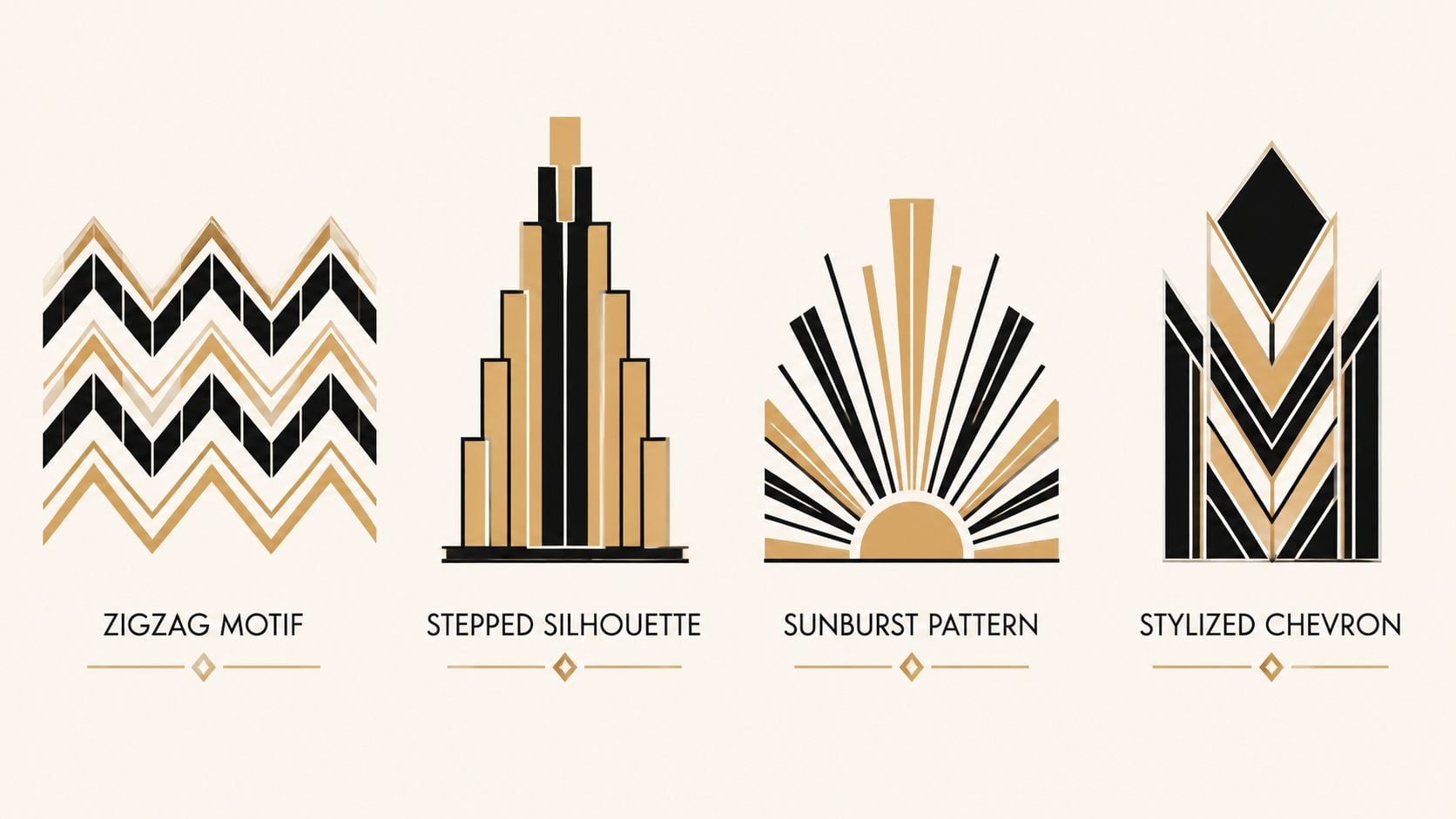 A set of four distinct Art Deco style graphic design patterns including zigzag, stepped, sunburst, and chevron.