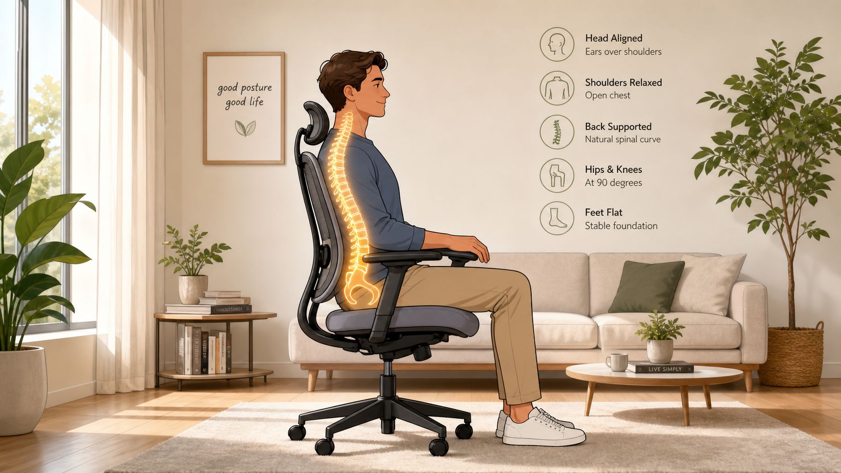 A man sitting correctly in an ergonomic office chair with highlighted spine alignment and helpful posture tips.