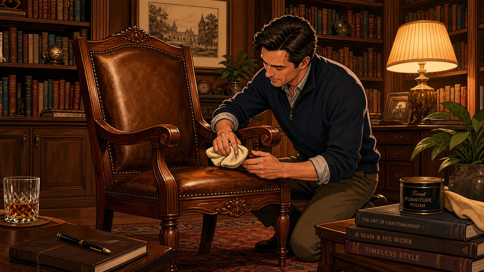 A man meticulously polishes a vintage wooden leather armchair in a cozy, book-filled home study library.